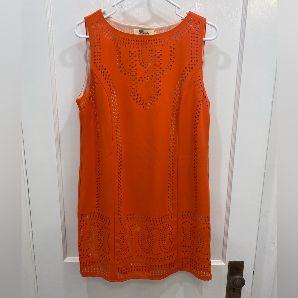 Orange sheath dress with beige silk underlay